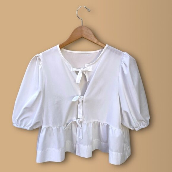 White Round Neck Tie Front Puff Sleeve Blouse - Picture 7 of 8